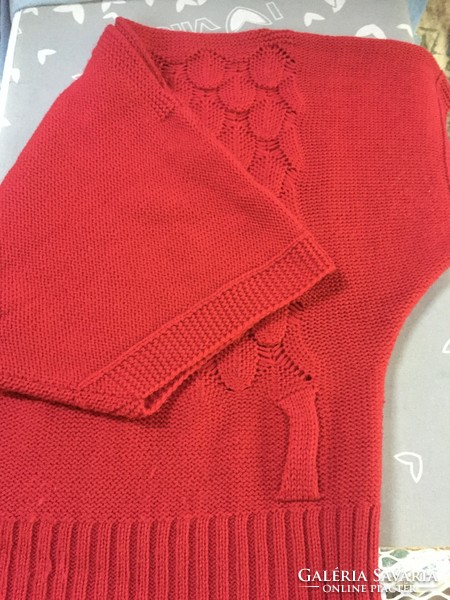 T-ujjú, piros, puha, kötött női pulóver M méretre