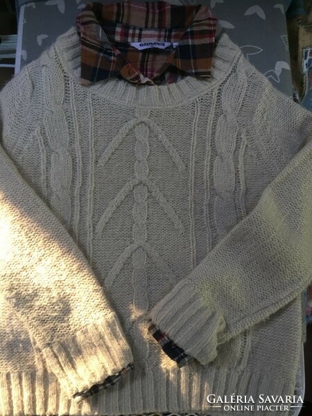 915 Generation - Flanell inggel kombinált ekrű színű kötött  pulóver 10-13 éves, 152-156 cm méretre