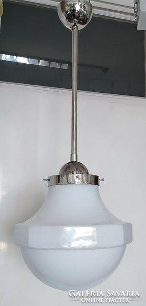 Art deco nickel-plated ceiling lamp renovated - large-sized, rare-shaped milk glass shade