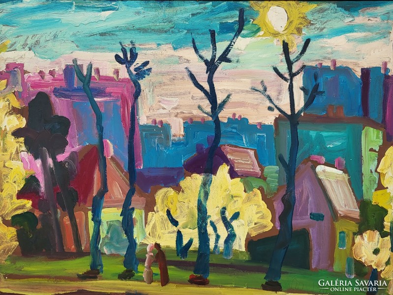 Miklós Németh (1934 - 2012) spring in the housing estate 1976 c. Oil painting with original guarantee!