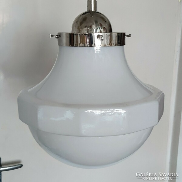 Art deco nickel-plated ceiling lamp renovated - large-sized, rare-shaped milk glass shade