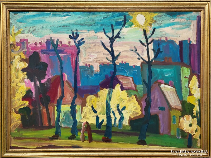 Miklós Németh (1934 - 2012) spring in the housing estate 1976 c. Oil painting with original guarantee!