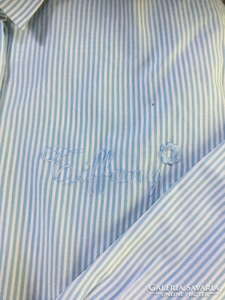 Pretty, white and light blue striped, embroidered women's blouse, size L, for jeans