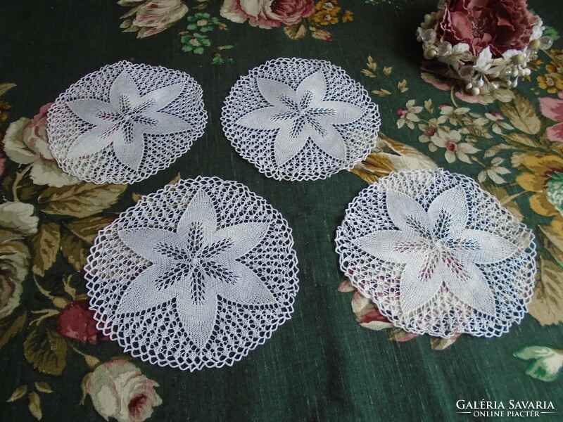 15 cm diam. 5 Pcs. Snow-white, fine cotton knitted tablecloth, placemat.