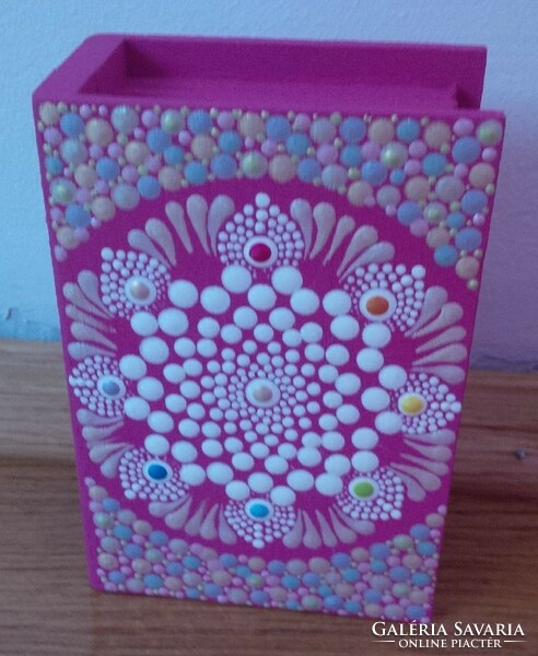 New! Pink book-shaped wooden box with mandala decoration, hand-painted