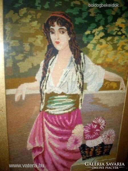 "The girl who sells flowers" - antique wool tapestry, beautiful frame - art&decoration