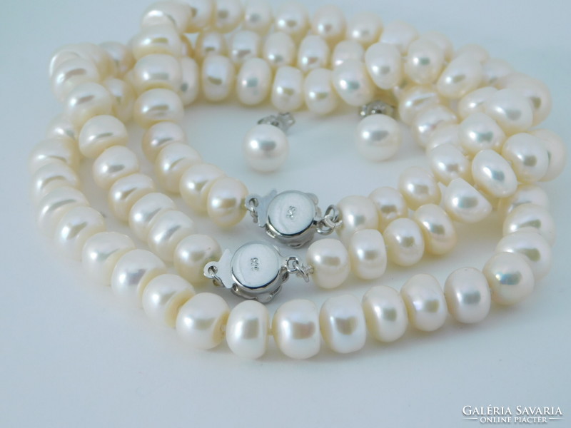 Cultured pearl necklace bracelet earrings silver jewelry set