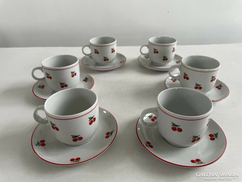 6 old, retro lowland porcelain cherry, cherry pattern coffee cups + base