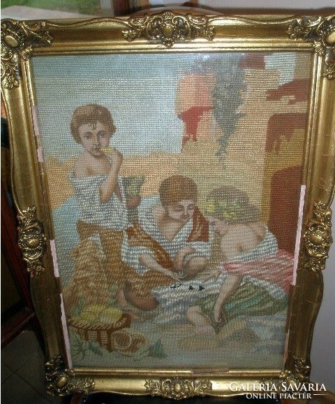 "Children playing dice game" - antique silk needle tapestry blondel frame - art&decoration