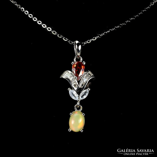 Real fire opal colored sapphire 925 silver necklace