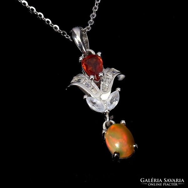 Real fire opal colored sapphire 925 silver necklace