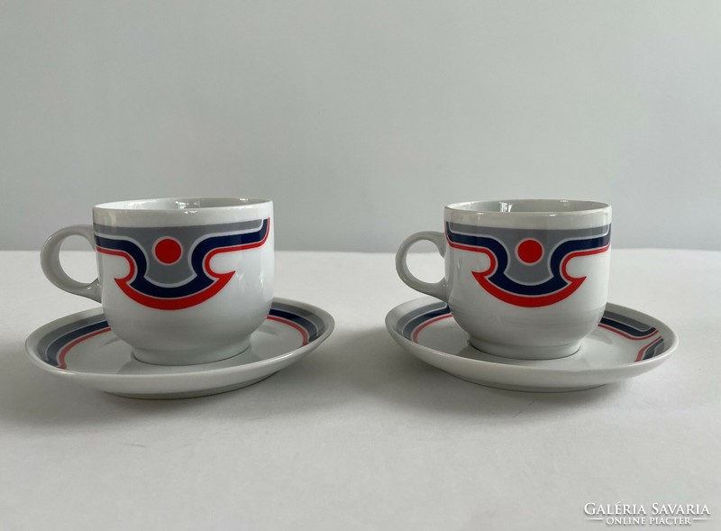 2 old, retro Great Plains porcelain bella, canteen pattern coffee cups + base