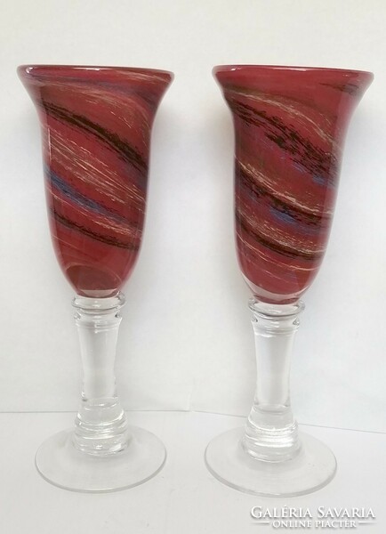 A pair of thick-walled wine or champagne stemmed glasses with a marble pattern. Murano Italy.