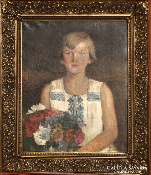 Antik szignózott nő ill. kislány portré olaj-vászon festmény 79 x 68 cm
