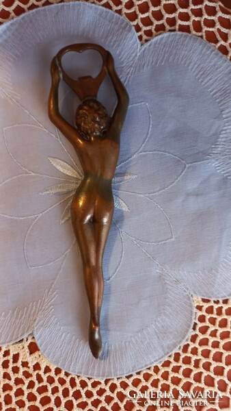 Old female nude 22 cm solid copper bottle opener, with wear from use