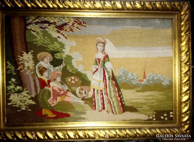 Antique petit point hand-stitched tapestry with silk thread - original wooden frame