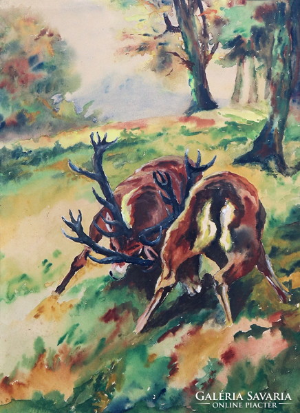 Küzdő szarvasbikák, Nagy Zoltán festménye