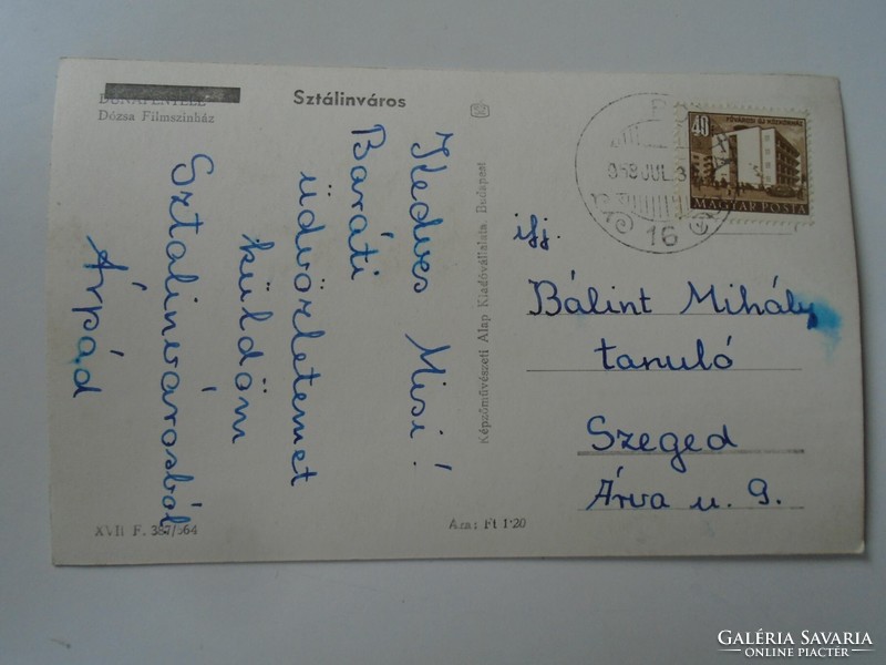 D195286 old postcard Stalin City Dunaújváros - Dozsa movie theater - cinema k1956 p1958