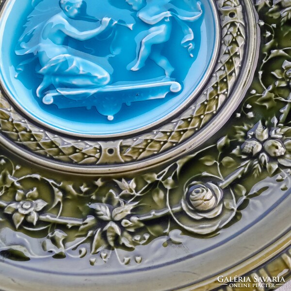 Schütz cilli (1870 -1900) neo-classical majolica decorative wall bowl, diameter 44 cm, huge, rare!
