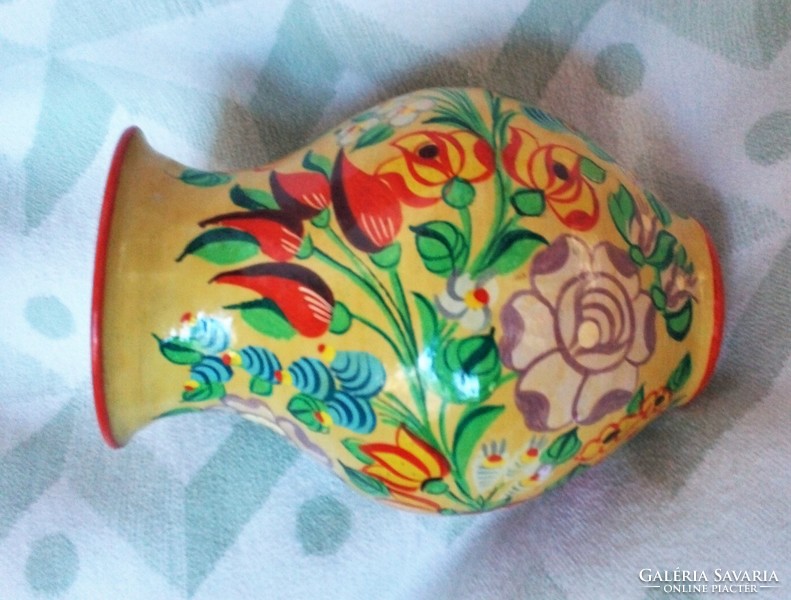 Ritka Kalocsai mintás keménycserép váza, dúsan és kézzel festett