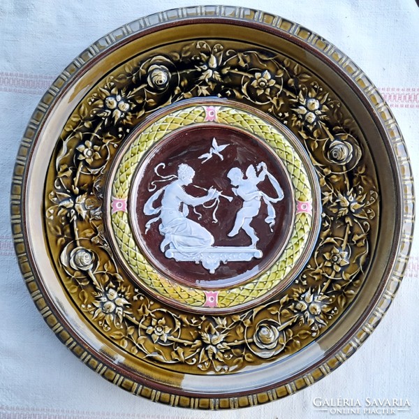 Schütz cilli (1870 -1900) neo-classical majolica decorative wall bowl, diameter 44 cm, huge, rare!