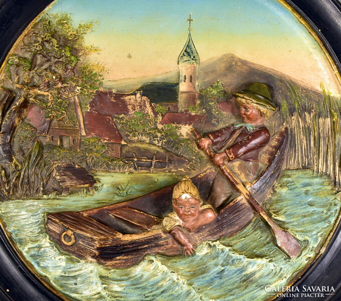Around 1880 Antique Austrian hand-painted terracotta wall decorative bowl: children in a boat