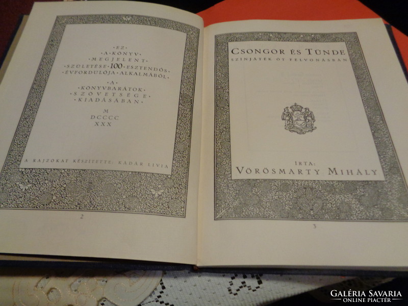Vörösmarthy M.  Csongor és Tünde  1930  Centenáriumi kiadás  Szép állapot !!