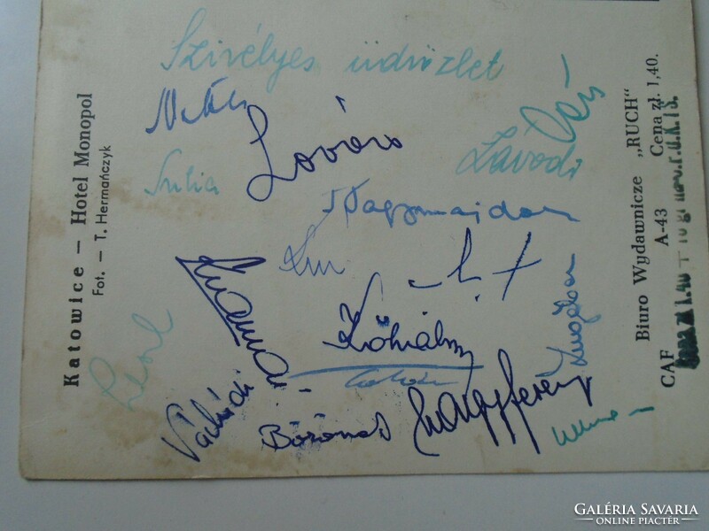 D195309 postcard-1950k Hungarian national team? Soccer team postcard with many signatures katowice hotel monopoly