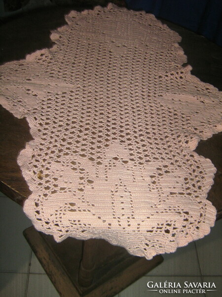 Beautiful vintage floral hand-crocheted special shaped salmon pink tablecloth