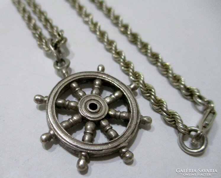 Beautiful old handcrafted silver boat pendant on a thick silver chain