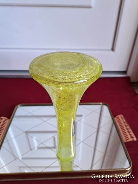 Ritka Sárga 22 cm magas repesztett Fátyolüveg fátyol karcagi berekfürdői üveg  váza Gyűjtői
