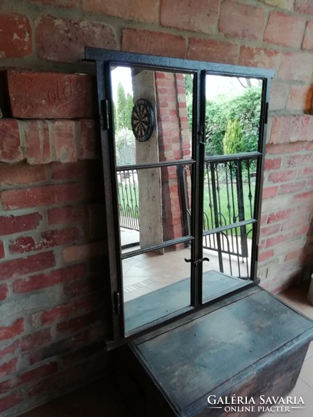 Mirrored factory window, early 20th century, nice patinated piece, mirror with an industrial feel, v window industrial