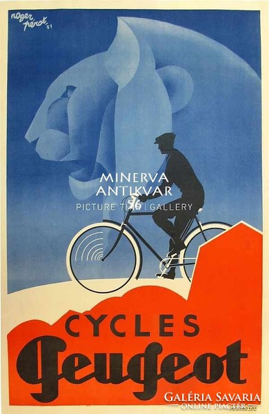 Art deco Peugeot kerékpár bicikli reklám oroszlán fej R. Pérot 1931. Vintage antik plakát reprint