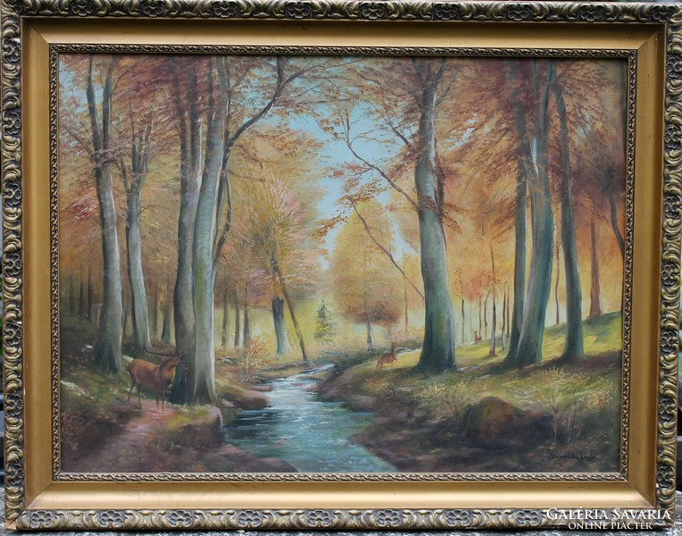 Antik festmény : Őszi erdő szarvassal. Olaj,vászon .