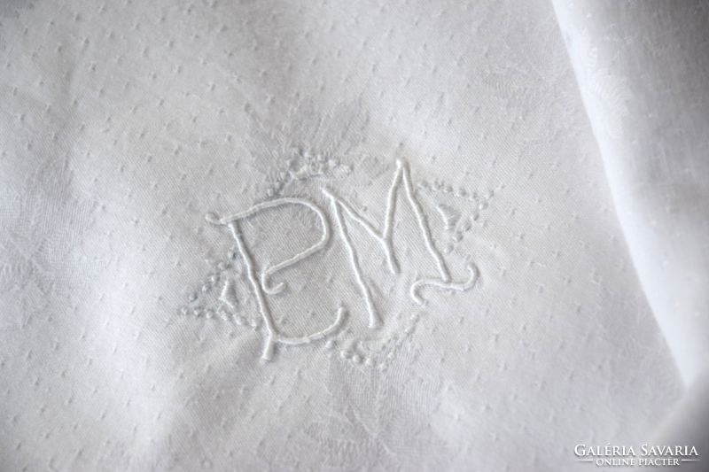 Antik régi damaszt ágynemű garnitúra 1 paplan 2 párna kézi hímzett PM monogram