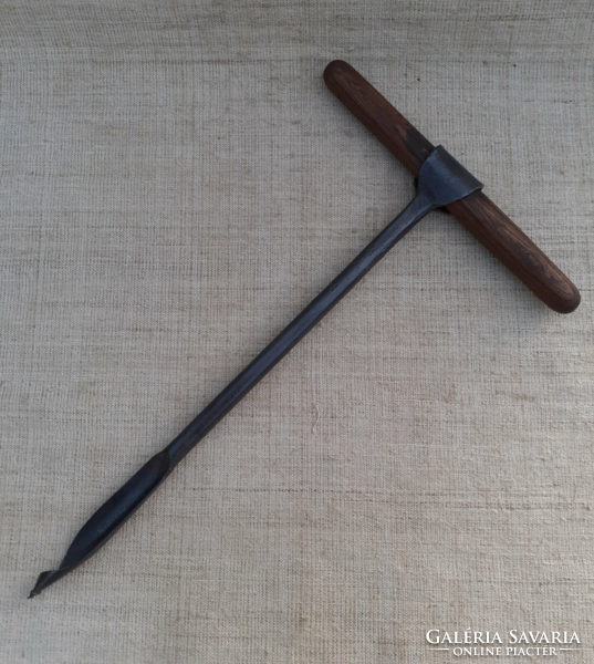 Old wrought iron carpentry hand drill with master mark 18 with wooden handle