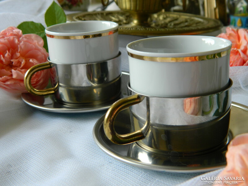 Mocha cup with metal holder and small plate, 2 sets in one