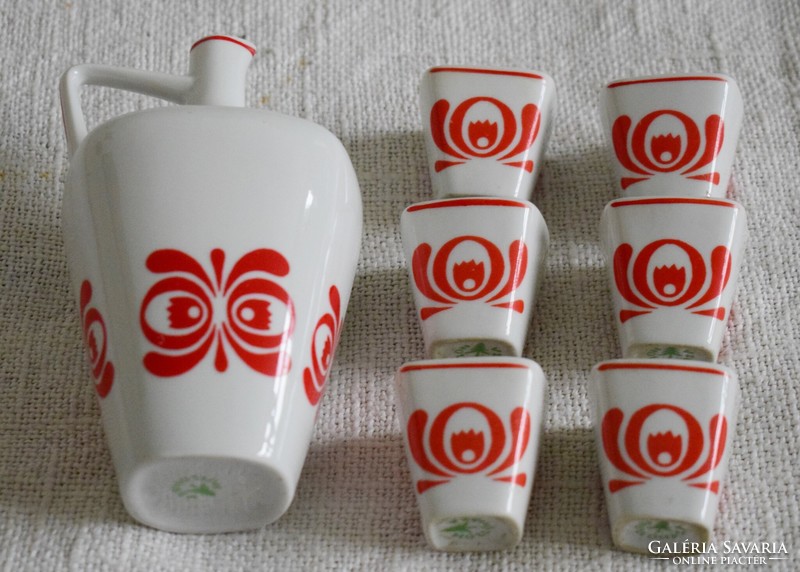 Hollóháza porcelain set retro Matyó pattern Stampedle brandy jug and 5 glasses +1 short drink