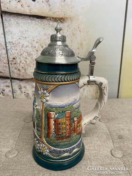 German painted glazed ceramic beer mug with lid a41