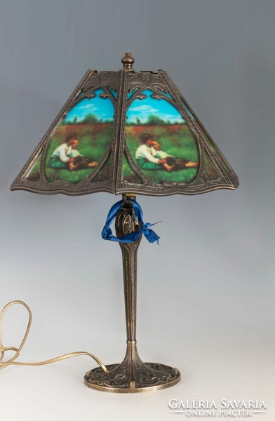 Tiffany style table lamp - with a bucolic scene on the lampshade