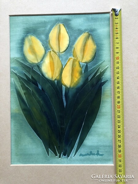 Macskássy Izolda:”sárga tulipánok” selyemkollázs