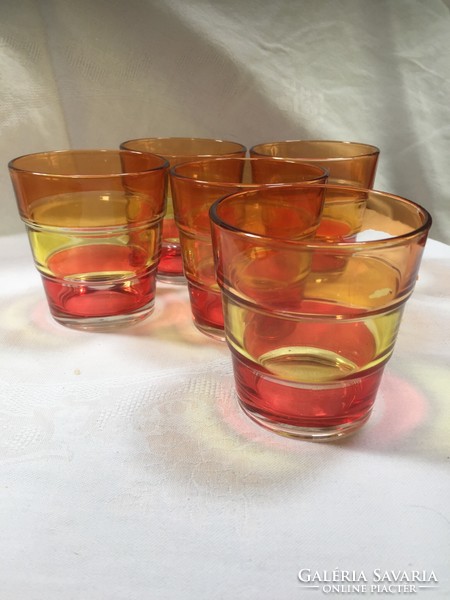 5 db festett, piros-narancs öntött üvegpohár, vizespohár (Iza)
