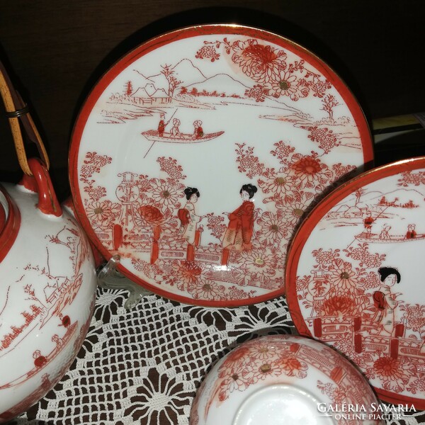 Kutani hand-painted geisha and landscape Japanese eggshell tea set