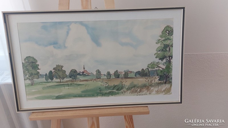 (K) Szignózott akvarell tájképfestmény kis faluval 72x42 cm kerettel