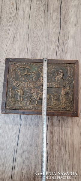 Antique wooden box with copper relief. Souvenir from Warsaw.