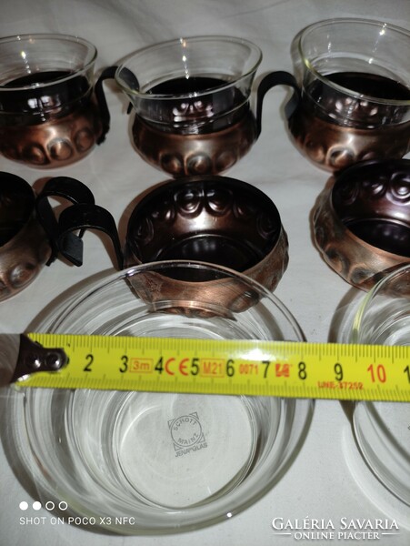 Jelzett eredeti  Schott Mainz Jena Glass 6 üveg csésze réz tartóval és tálcával teljes készlet