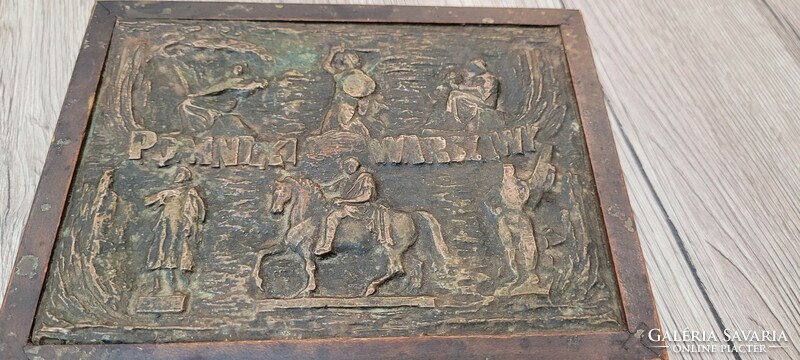 Antique wooden box with copper relief. Souvenir from Warsaw.