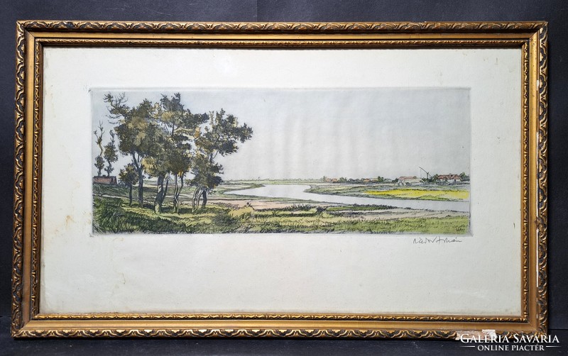 István Zádor: lowland landscape with a boom well - marked, colored etching