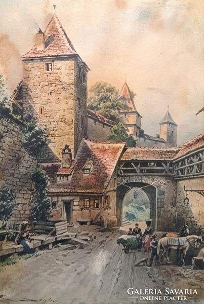 Robert stieler (1847-1908): street scene - German artist - 19th century antique watercolor painting
