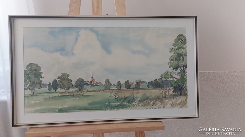 (K) signed watercolor landscape painting with small village 72x42 cm frame